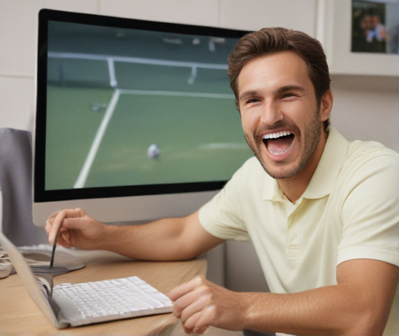 A man happy while watching a tennis game on his computer monitor.