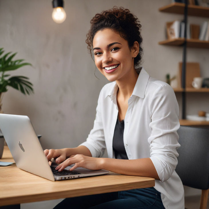 A smiling individual sits at a stylish desk, enthusiastically reviewing Yesbet membership benefits in a laptop.