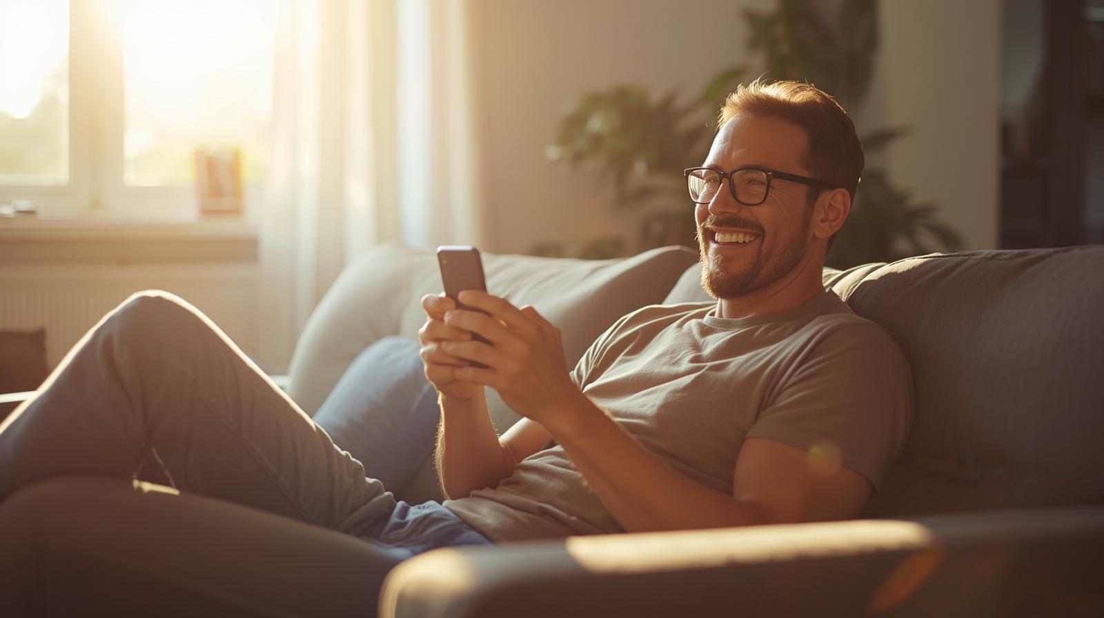 Casual player relaxing at home while enjoying mobile online gaming experience.