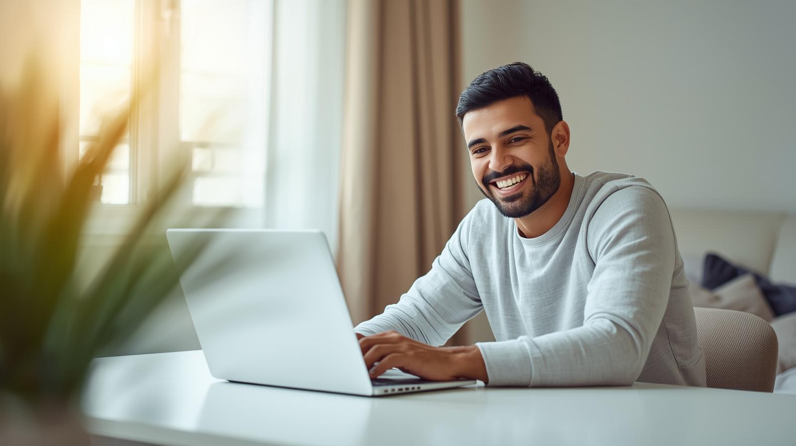Smiling person playing live dealer game on laptop in bright, cozy home setting.