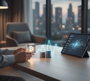 a table where a gambler is seated in front of a tablet showing a gambling platform with casino chips and bitcoin symbol on the table